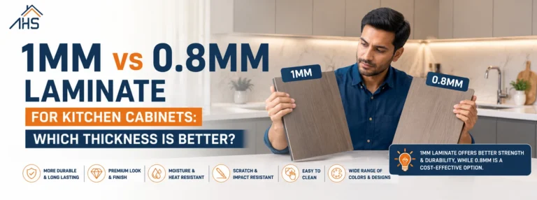 Comparison of 1mm and 0.8mm laminate thicknesses for kitchen cabinets, focusing on durability, strength, finish, and cost.