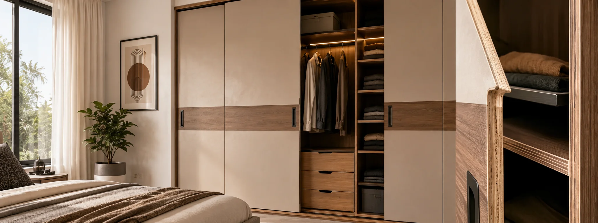 Best plywood for wardrobe in India with modern bedroom wardrobe.
