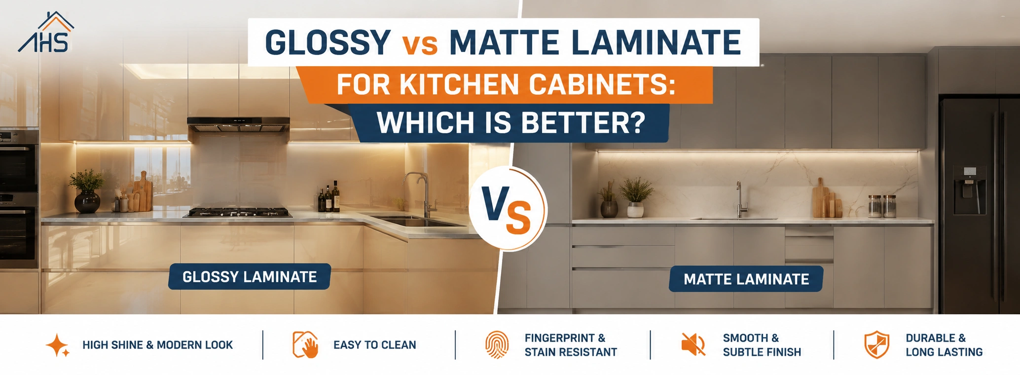 Glossy vs matte laminate for kitchen cabinets showing the key differences between glossy and matte finishes.