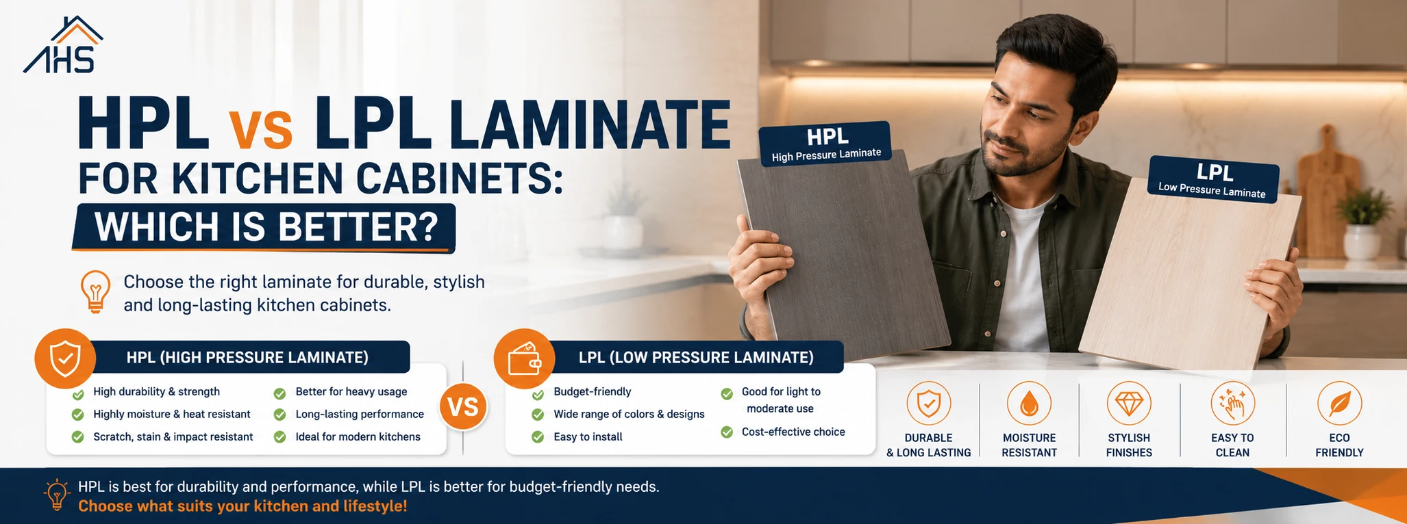Comparison of HPL and LPL laminates for kitchen cabinets, highlighting their durability, appearance, cost, and suitability.